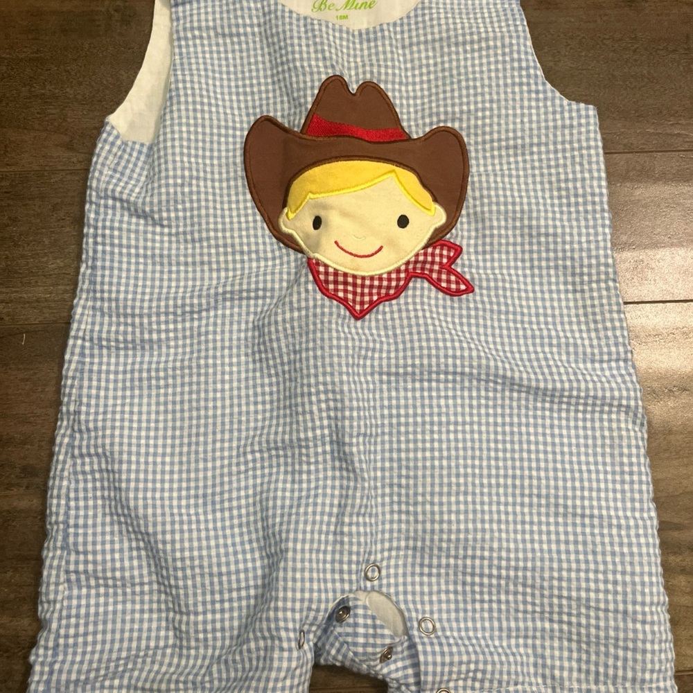 Be Mine Blue and White Gingham cowboy Romper